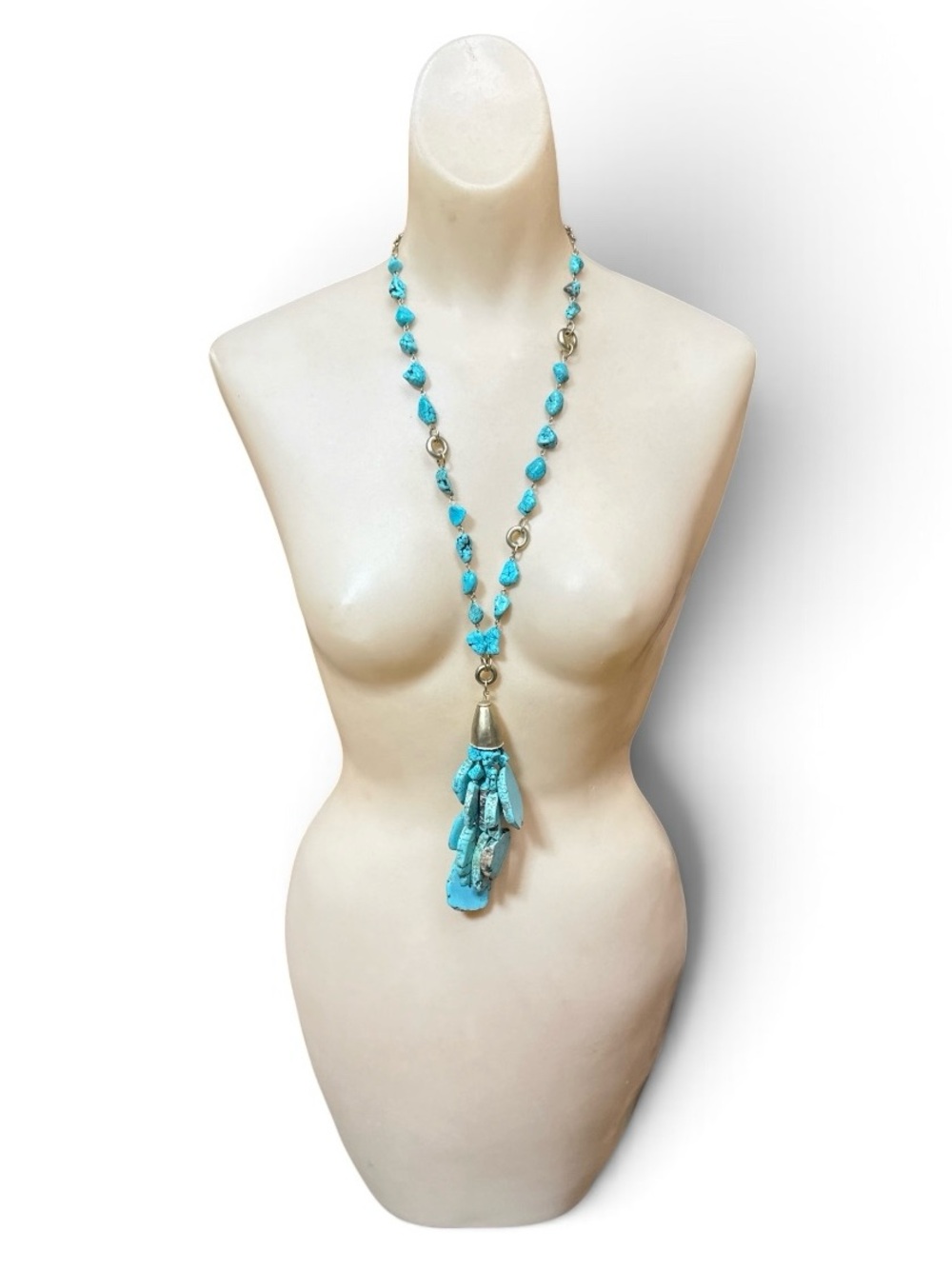 Vintage Y2K Chico’s Turquoise Magnesite Slab Tassel Lariat Necklace Gold Tone